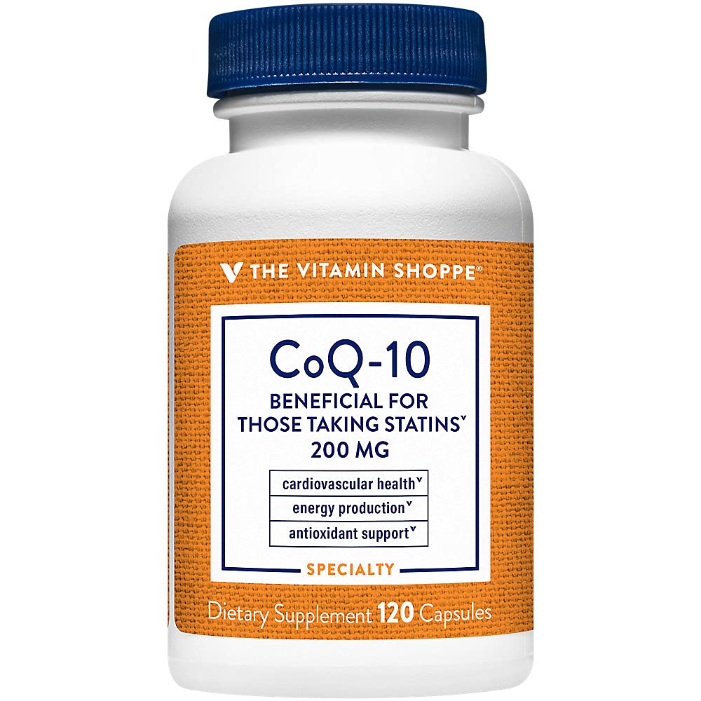 The Vitamin Shoppe CoQ-10 200mg bottle showcasing heart support and daily energy potential