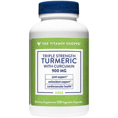The Vitamin Shoppe triple strength turmeric bottle displaying joint support potential and antioxidant focus