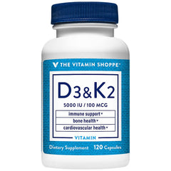 The Vitamin Shoppe Vitamin D3 K2 5000IU bottle showing bone-support formula