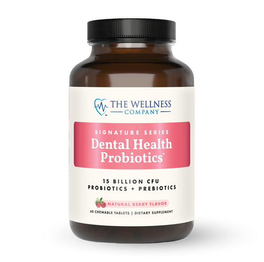 The Wellness Company Dental Health Probiotic front view promotes fresh breath potential.