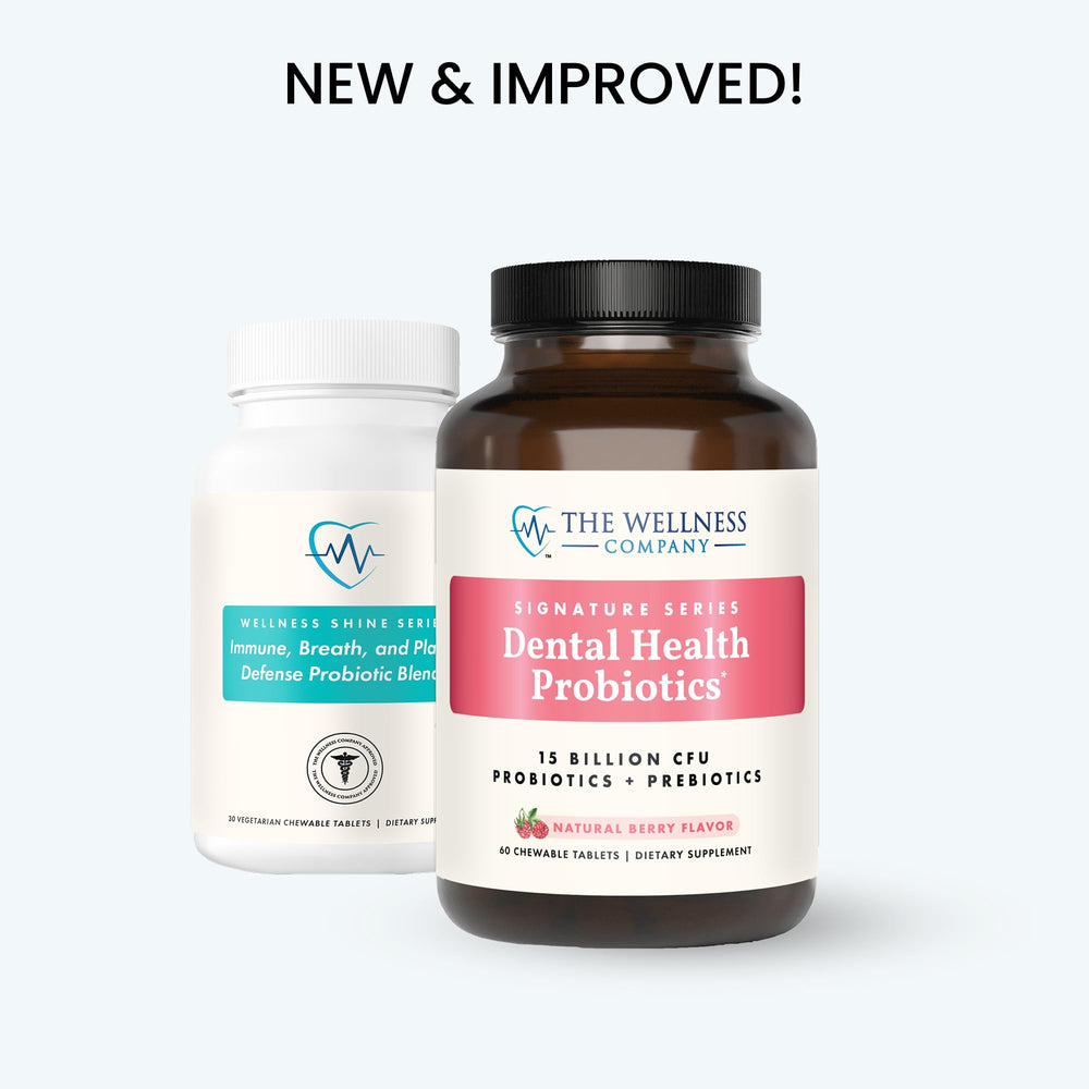 The Wellness Company Dental Health Probiotic gums and breath graphic implies oral wellness.