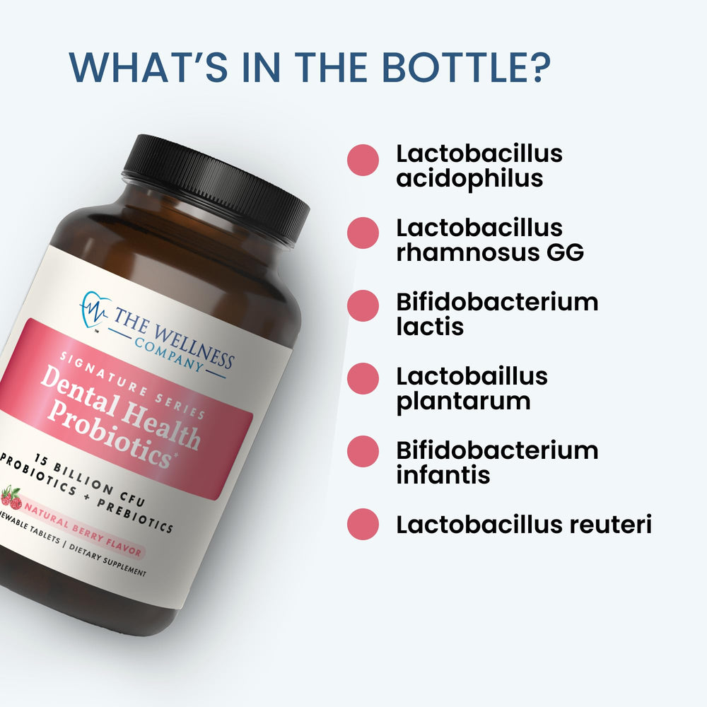 The Wellness Company Dental Health Probiotic tablets out of pack demonstrates portability.