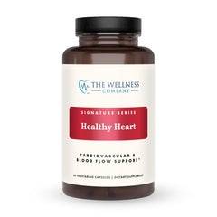The Wellness Company Healthy Heart bottle label highlights heart-focused design for daily use.