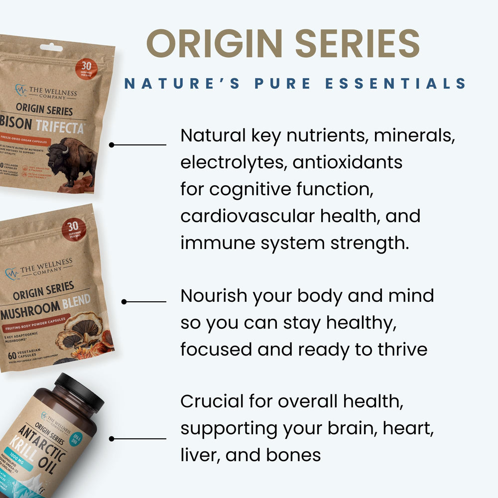 Chaga, cordyceps, and turkey tail ingredients in The Wellness Company Mushroom Blend for balanced energy.