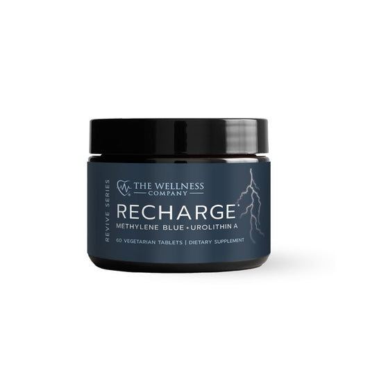 Recharge bottle closeup by The Wellness Company highlighting cognitive support potential