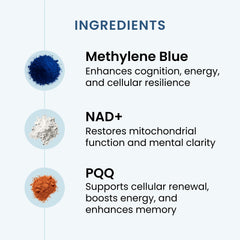 Recharge ingredients visual with PQQ, NAD+, and Methylene Blue for mitochondrial health