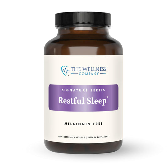 The Wellness Company Restful Sleep bottle showing melatonin-free calming blend.