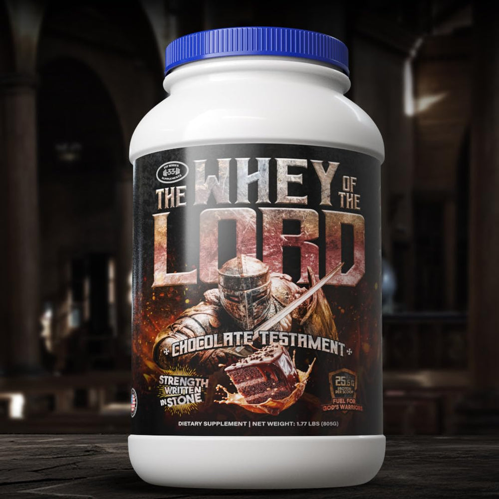 Measuring scoop beside The Whey of The Lord Chocolate Testament for easy dosing.