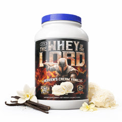 The Whey of The Lord Heaven's Cream packaging front highlights premium protein for lean muscle support.