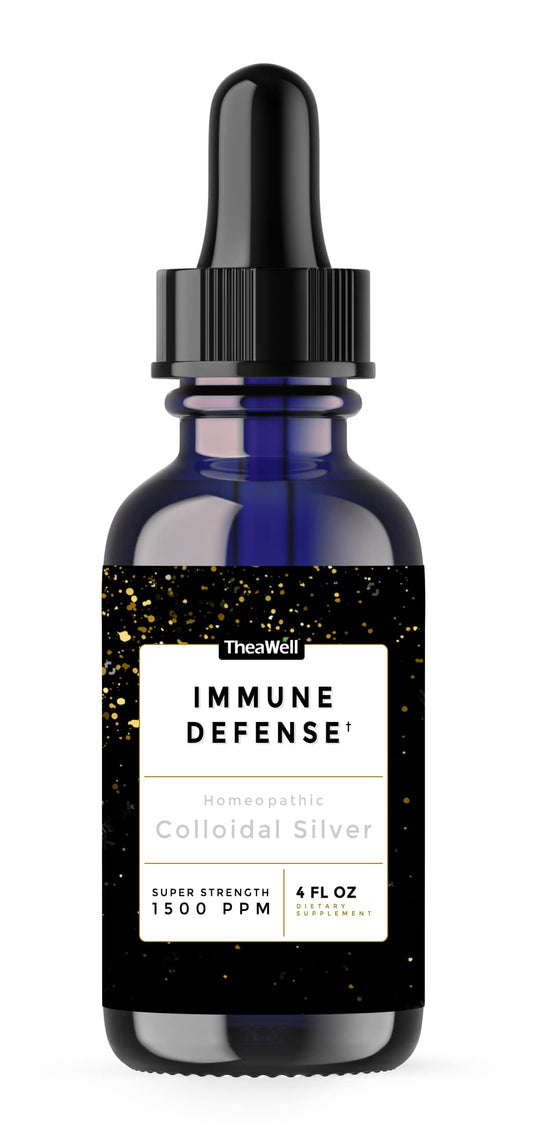 TheaWell Colloidal Silver bottle shows high-grade particles for potential immune support.