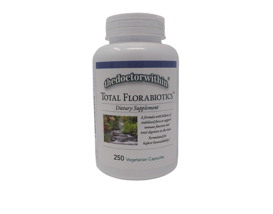 thedoctorwithin Total Florabiotics bottle label highlights stabilized flora for daily gut balance.