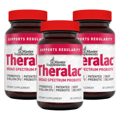 Theralac 3-pack bottle front shows a convenient multi-pack for gut health support.