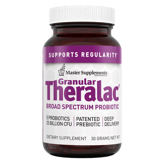 THERALAC granular probiotic powder bottle showcases gut health support.