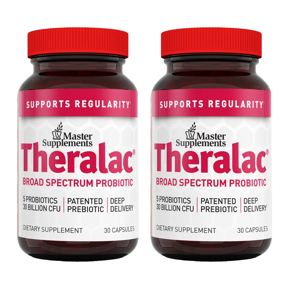 Theralac bottle front label showing probiotic branding and digest support.