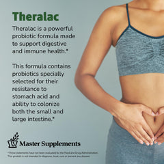 Theralac packaging and glass bottle emphasize shelf-stable probiotics with amber storage.