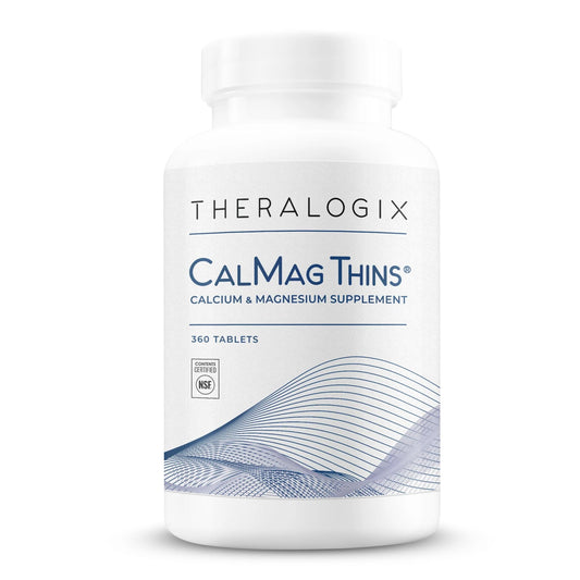 Theralogix CalMag Thins bottle front, convenient bone health support in a slim tablet.