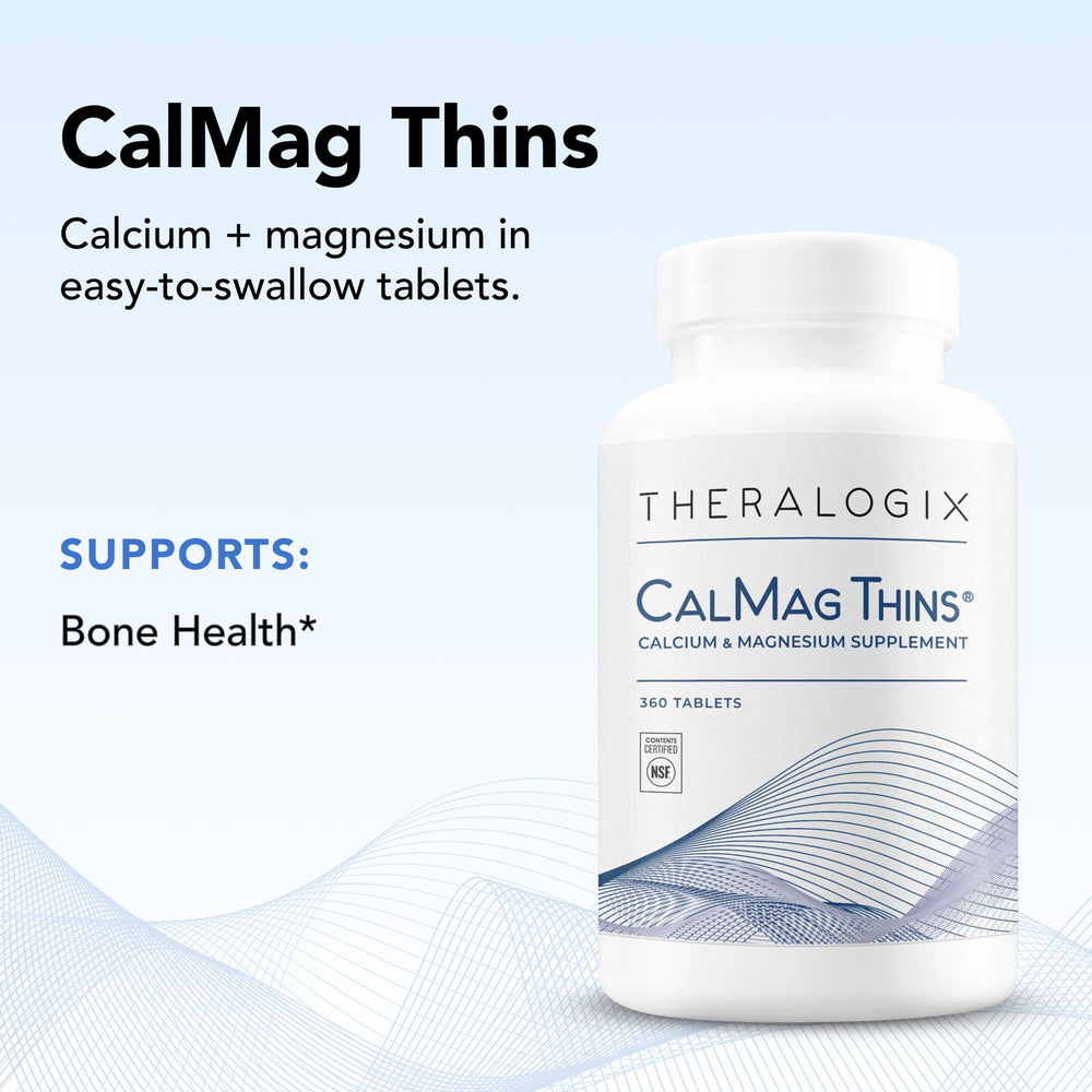 Theralogix CalMag Thins label NSF-certified indicating quality and purity.