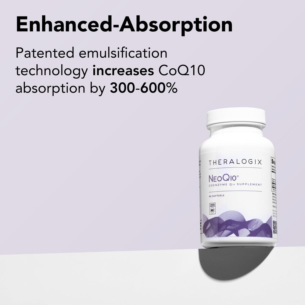 Close-up of Theralogix NeoQ10 softgels highlighting enhanced absorption.