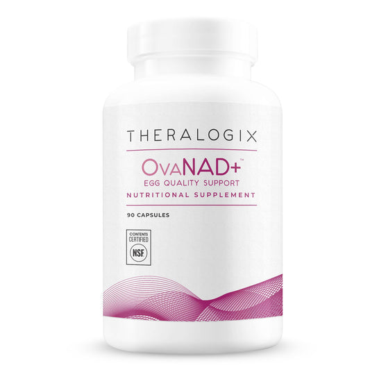 Theralogix OvaNAD+ bottle on counter for quick daily supplementation.