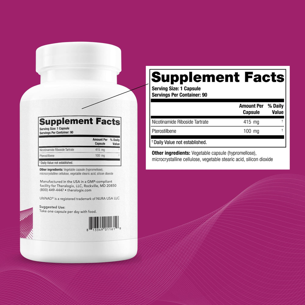 Theralogix OvaNAD+ label detail highlighting NR and Pterostilbene ingredients.