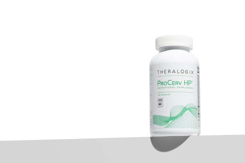 Theralogix ProCerv HP bottle beside a glass of water for daily use and routine