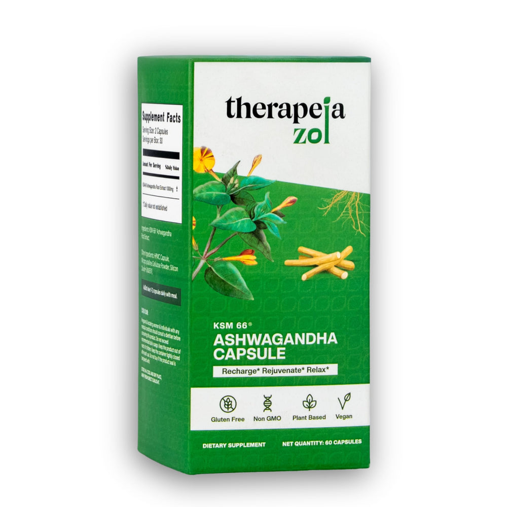 Therapeia Zoi label close-up highlighting vegan, non-GMO formula.