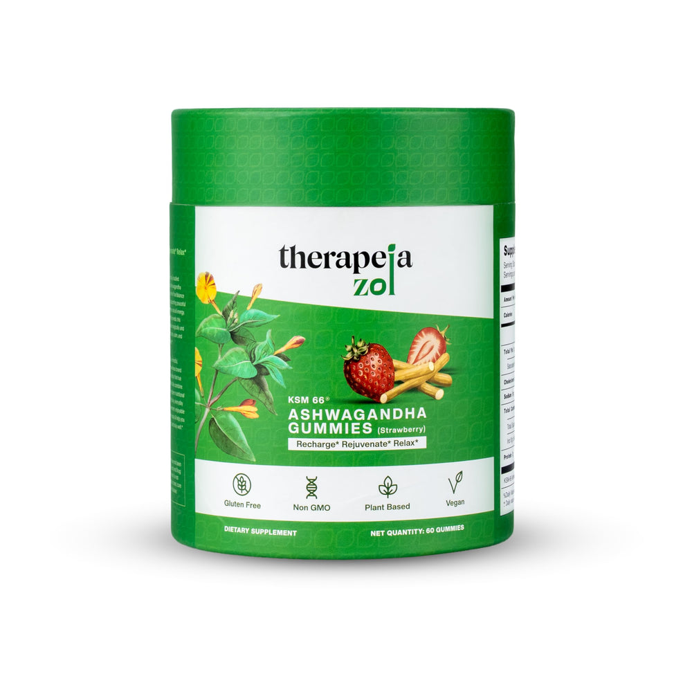 Therapeia Zoi KSM66 gummies bottle in strawberry flavor for daily stress support
