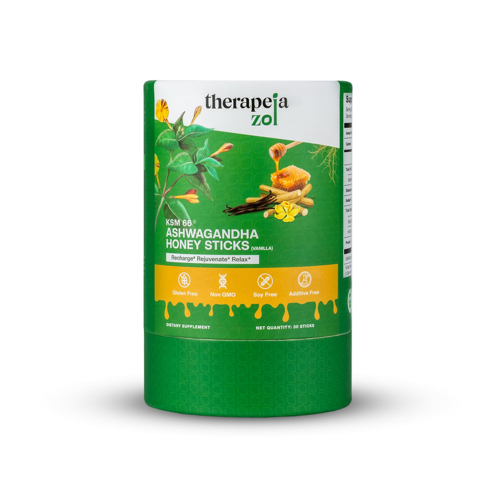 Therapeia Zoi KSM-66 Ashwagandha honey stick vanilla pack for daily balance.