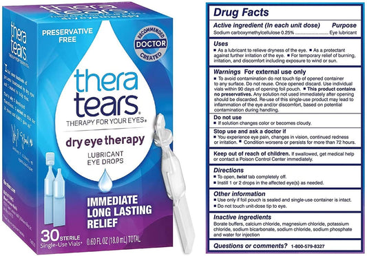 TheraTears dry eye therapy drops package shows preservative-free formula for sensitive eyes