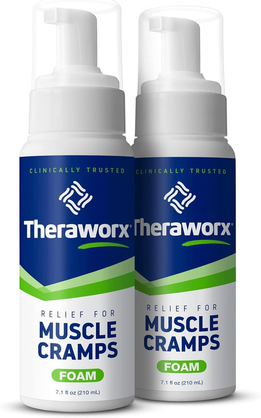 Theraworx Relief foam bottle ready to ease cramps and spasms.