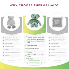 Thermal-Aid Hunter the Green Bear chills in the freezer for cold therapy.