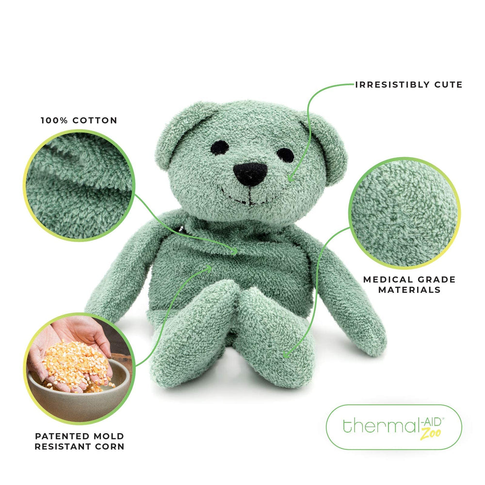 Thermal-Aid Hunter the Green Bear warms quickly in the microwave for comforting heat.