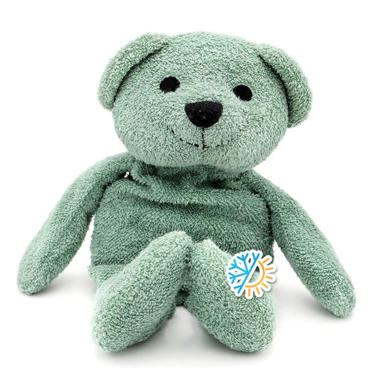 Thermal-Aid Hunter the Green Bear with washable plush cover for easy cleanup.