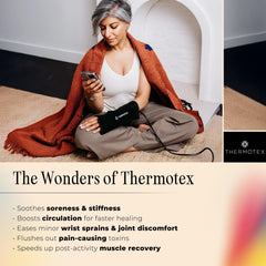 Thermotex left wrist heating pad close-up heat element delivering deep infrared warmth.
