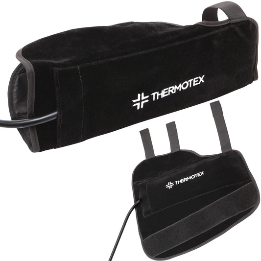 Thermotex left wrist heating pad front view showing a compact, ergonomic design for targeted warmth.