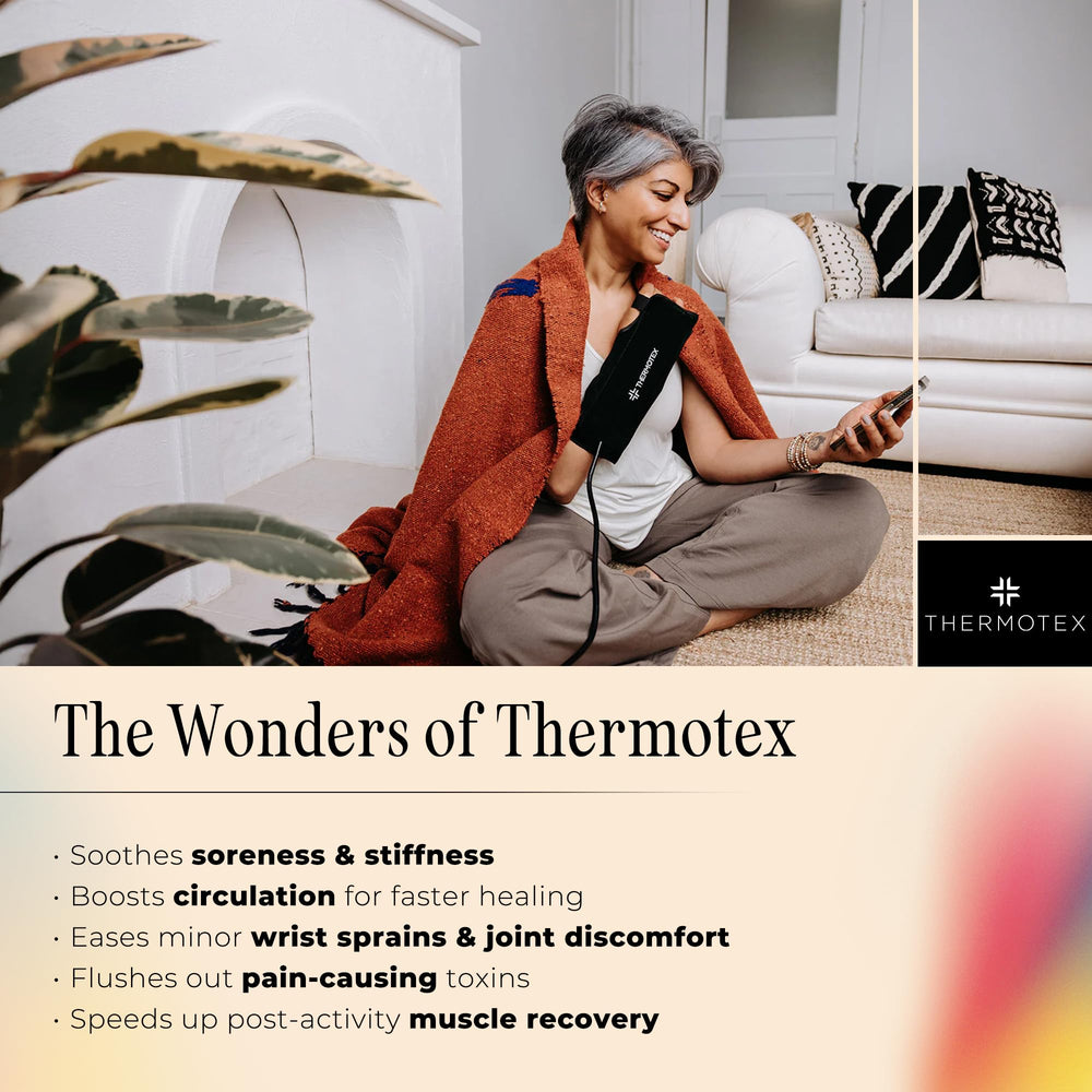 Thermotex wrist pad shows ergonomic wrap securing comfortable heat on forearm.