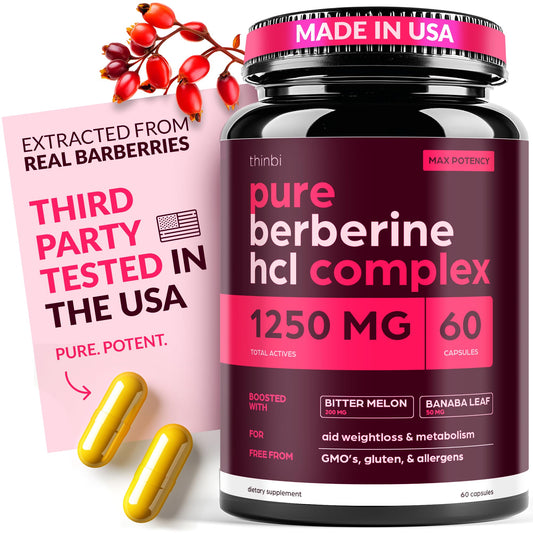 THINBI Berberine capsules in bottle front promote wellness and easy daily use.
