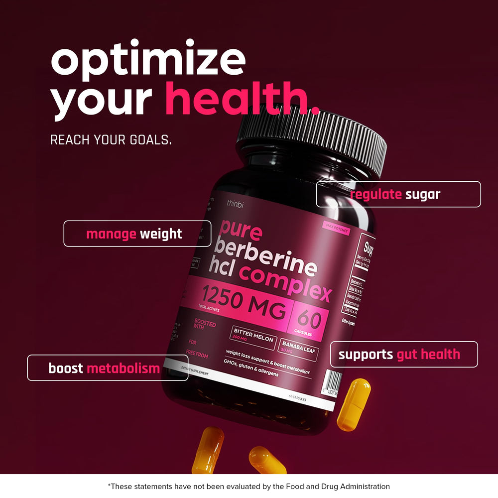 THINBI Berberine capsules closeup highlights the potent 1250mg formula.