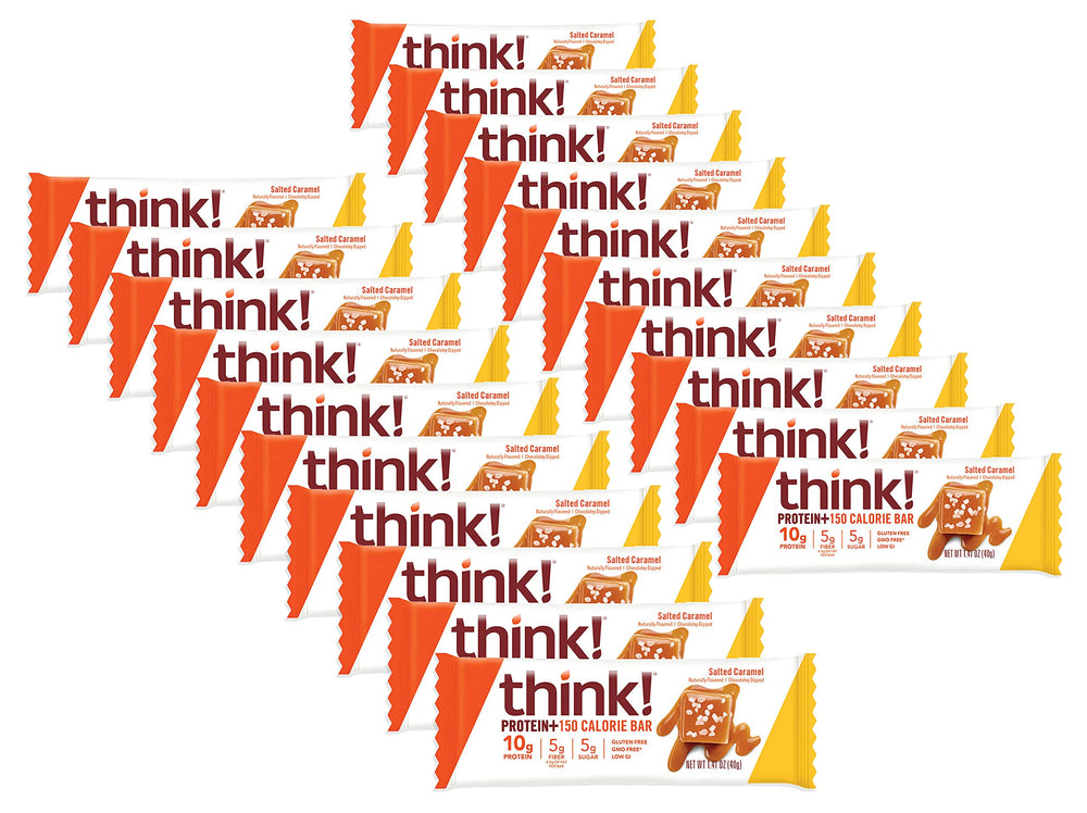 ThinkThin salted caramel bar wrapper showcasing protein and fiber on the go.