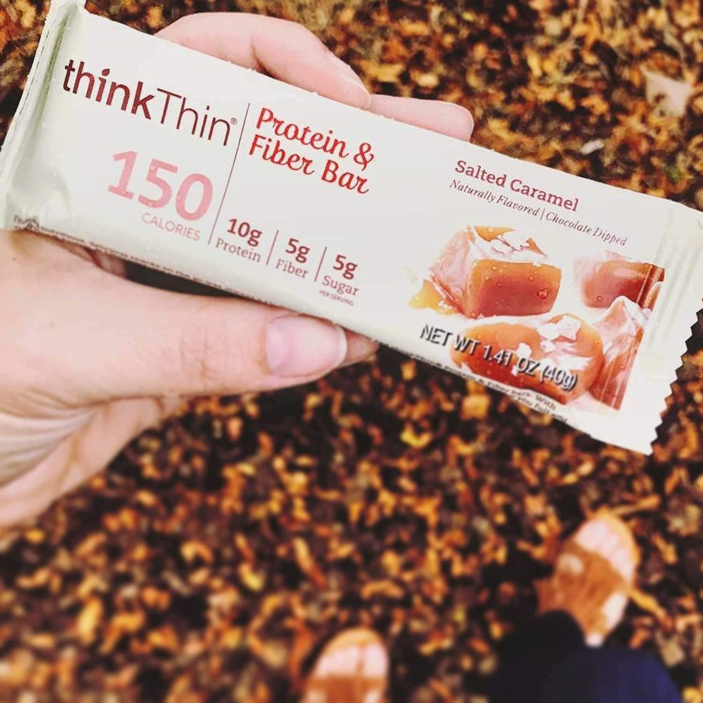 ThinkThin salted caramel close-up reveals rich texture and flavor.