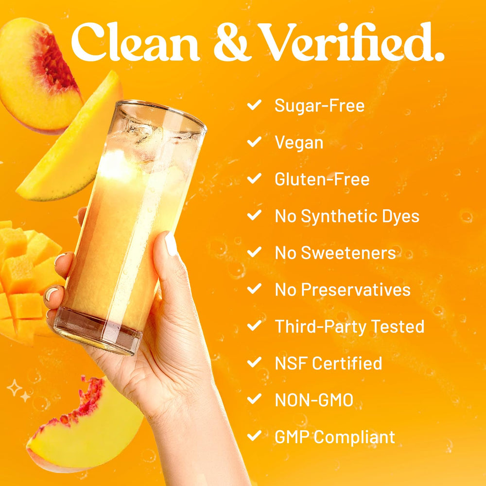 Third Nature glass with peach mango drink showing a bright, refreshing beverage.