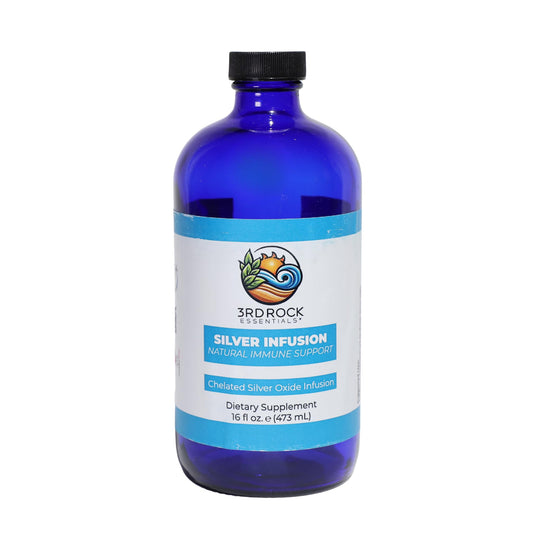 3rd Rock Essentials Silver Infusion bottle showing 150 PPM concentration for immune support.