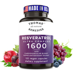 Thomas' all-natural Remedies Resveratrol bottle front shows the 1600mg antioxidant formula.