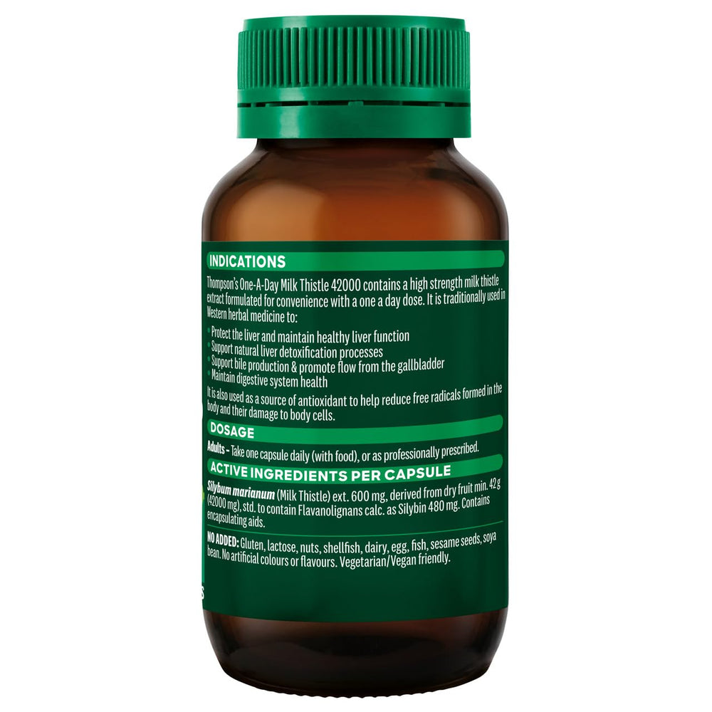 Thompson's Milk Thistle bottle label highlighting traditional Western herb for digestion.