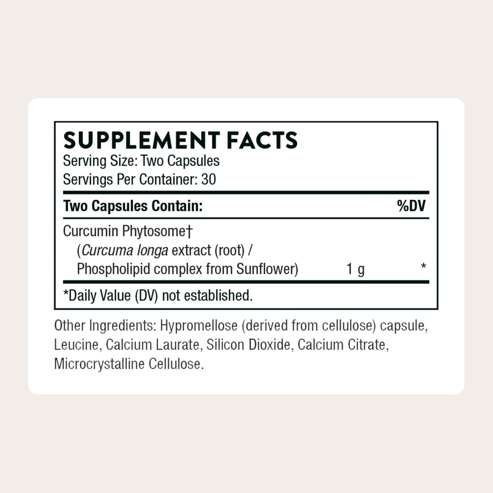 Thorne Curcumin Phytosome label shows clinically studied ingredients and quality seals