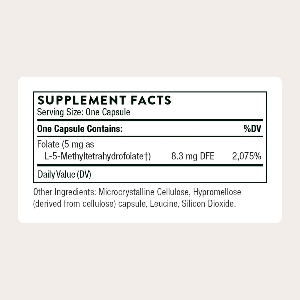 Thorne 5-MTHF bottle with capsules highlighting convenient daily supplementation.