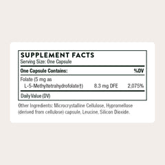 Thorne 5-MTHF bottle with capsules highlighting convenient daily supplementation.