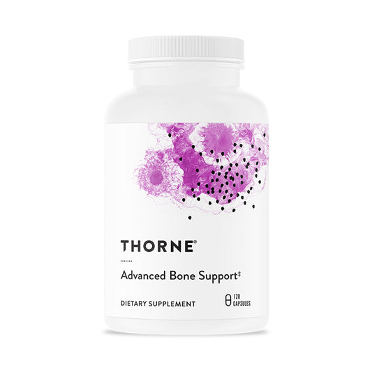 THORNE Advanced Bone Support bottle front highlights packaging for daily bone health support.