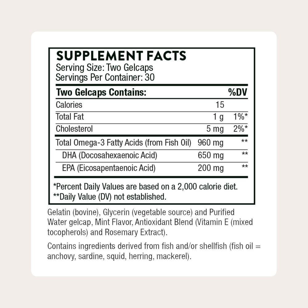 Close-up of THORNE Advanced DHA capsules highlighting mint flavor