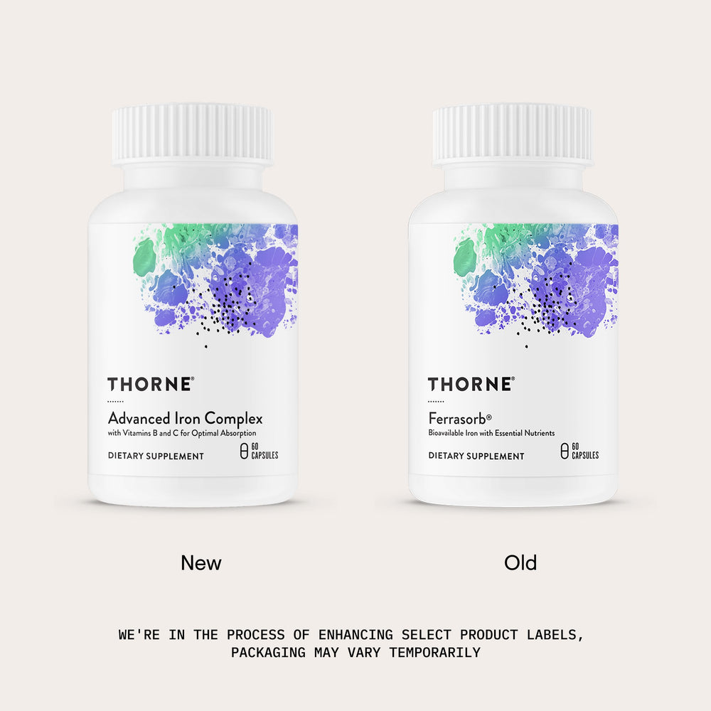 THORNE Advanced Iron Complex label detail with B vitamins and folate.
